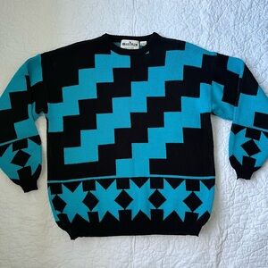 Vintage Nordstrom Brass Plum Bright Blue and Black Crew Neck Sweater